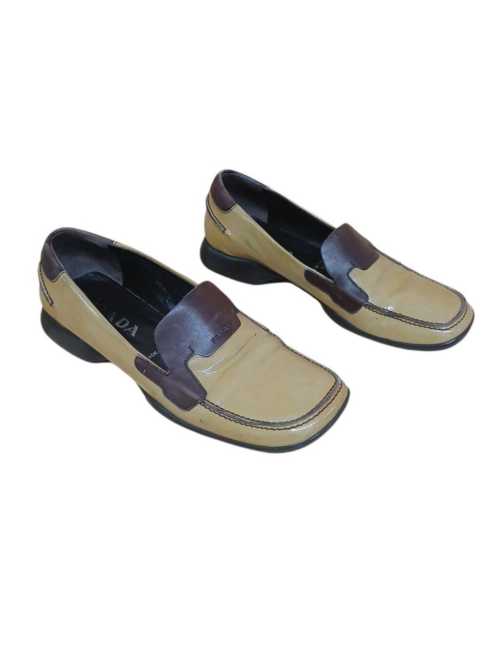 Prada Two-Tone Tan and Dark Brown Women’s Loafers Square Toe Size 38.5